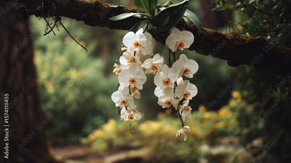 Poster white orchids gracefully hanging from a tree branch, creating a serene atmosphere.