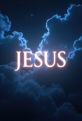 The word "JESUS" illuminated with a soft, glowing pink neon effect, superimposed over a dramatic, dark blue night sky filled with swirling clouds and distant stars, creating a powerful spiritual and c