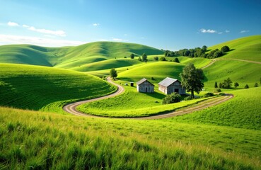 Obraz premium Rolling green hills with winding dirt roads and small farm buildings under a bright blue sky