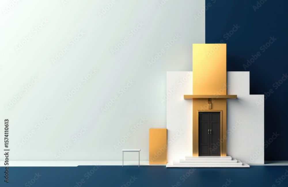 Poster minimalist building facade with geometric shapes and contrasting colors creating a modern architectu