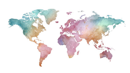 World map, watercolor, pastel colors