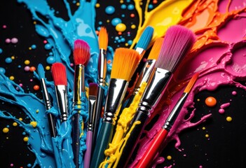 Fototapeta premium Brightly colored paintbrushes are arranged on a black surface with splashes of vibrant paint