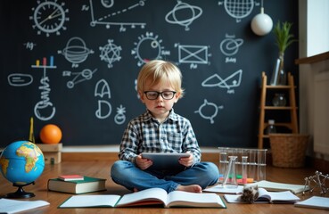 Young boy sitting cross-legged on the floor reading a tablet in a classroom with science-themed chalkboard drawings