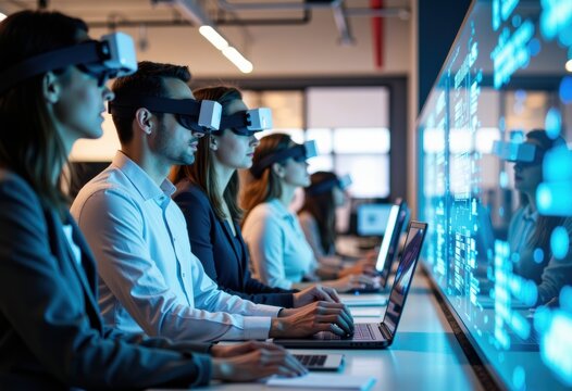 Group of young professionals using virtual reality headsets and laptops in a modern tech lab