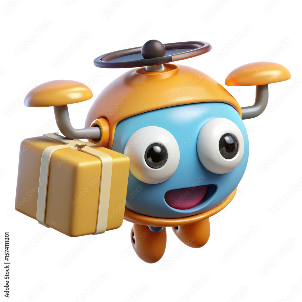 Poster cute delivery robot holding package using land transportation isolated on white background high qual