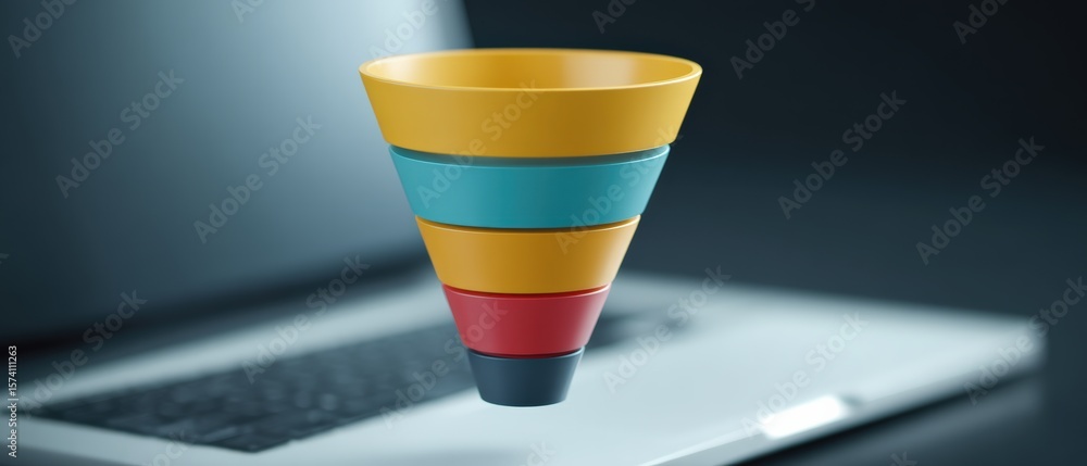 Poster marketing funnel visualization digital workspace graphic design professional environment aerial view