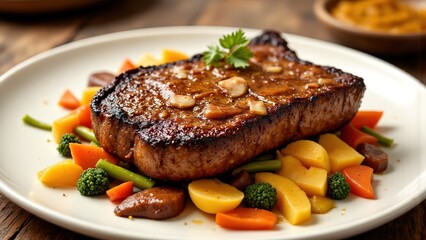 Delicious grilled steak served with colorful mixed vegetables