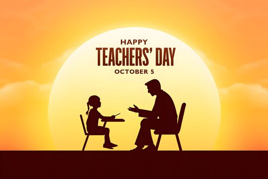 Happy Teachers Day Silhouette of Teacher and Student with Bright Background