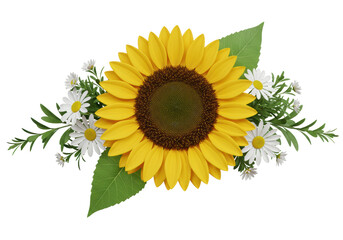 Isolated Sunflower with Daisies and Green Leaves Arrangement