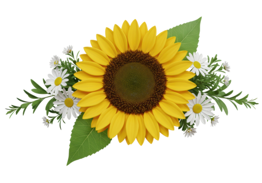Isolated Sunflower with Daisies and Green Leaves Arrangement - Powered by Adobe