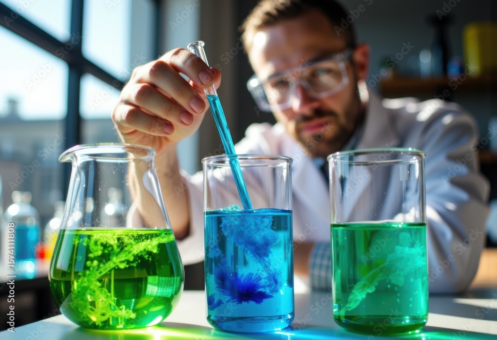 Aufkleber scientist conducts chemical experiment using colorful liquids in a laboratory setting