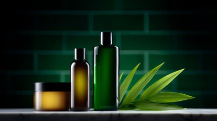 Natural beauty products displayed on a stone surface. The green leaves add a fresh touch to the elegant design. Perfect for eco-friendly brands and skincare lines. AI