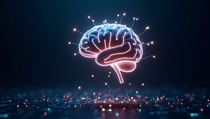 Stylized brain with glowing connections on a dark background representing intelligence and technology