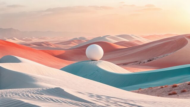 A surreal desert landscape with colorful sand dunes and a white sphere resting on a dune top