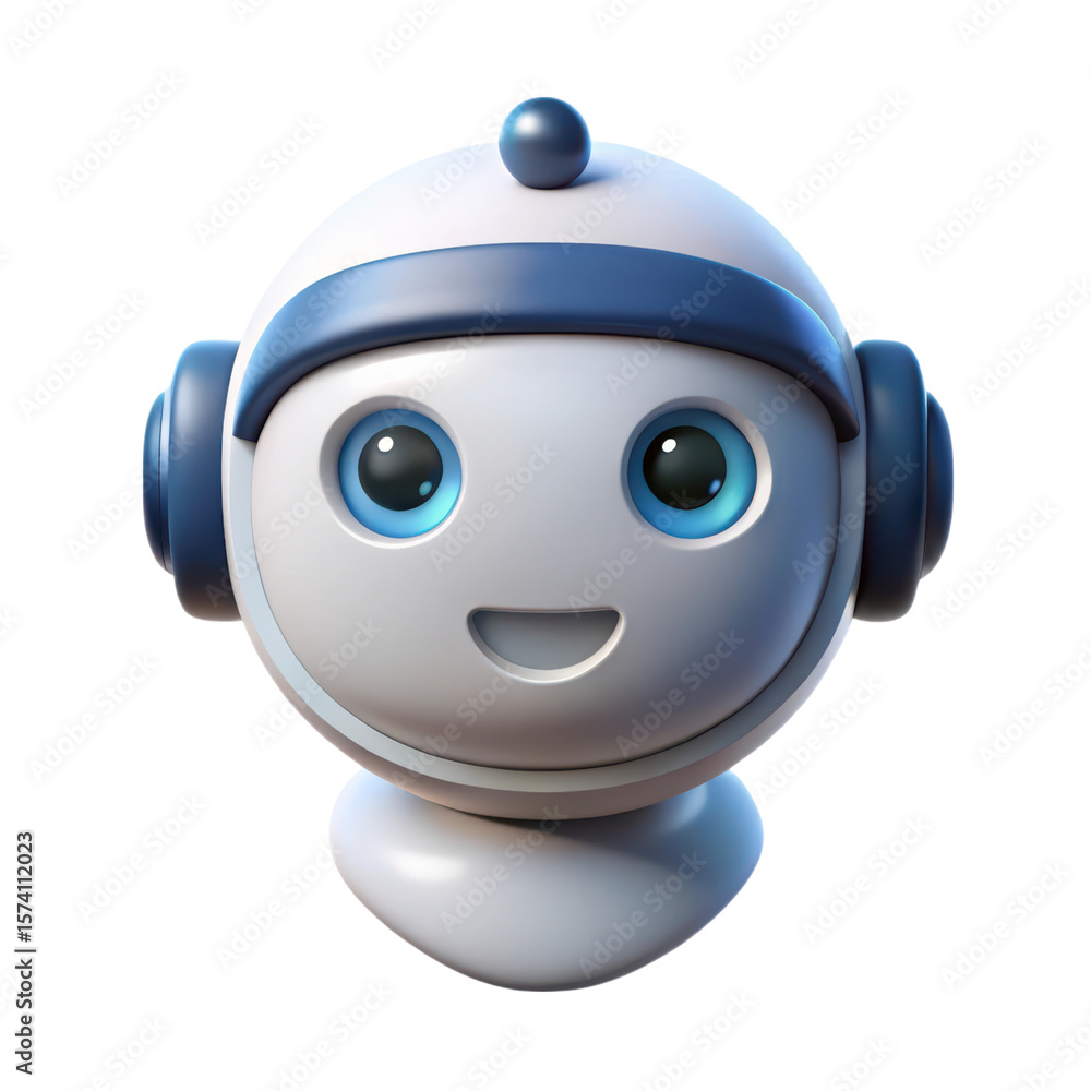 Poster friendly white and blue robot character with smiling expression and headphones 3d rendering icon lan
