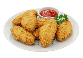 Isolated Golden Fried Chicken Wings with Ketchup and Parsley