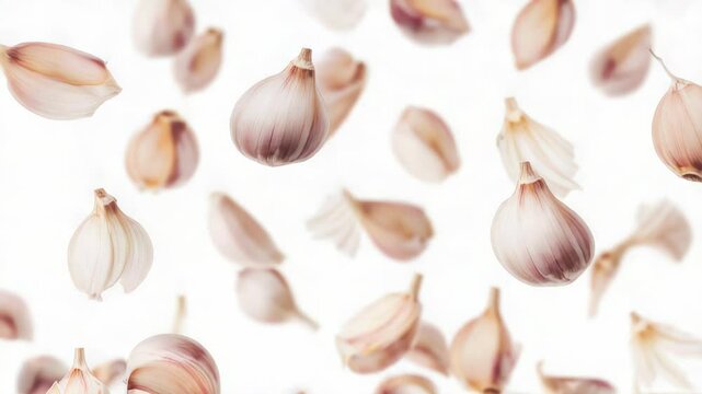 A collection of garlic cloves suspended in mid-air