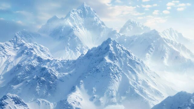 A serene snowy mountain range landscape with plenty of snow