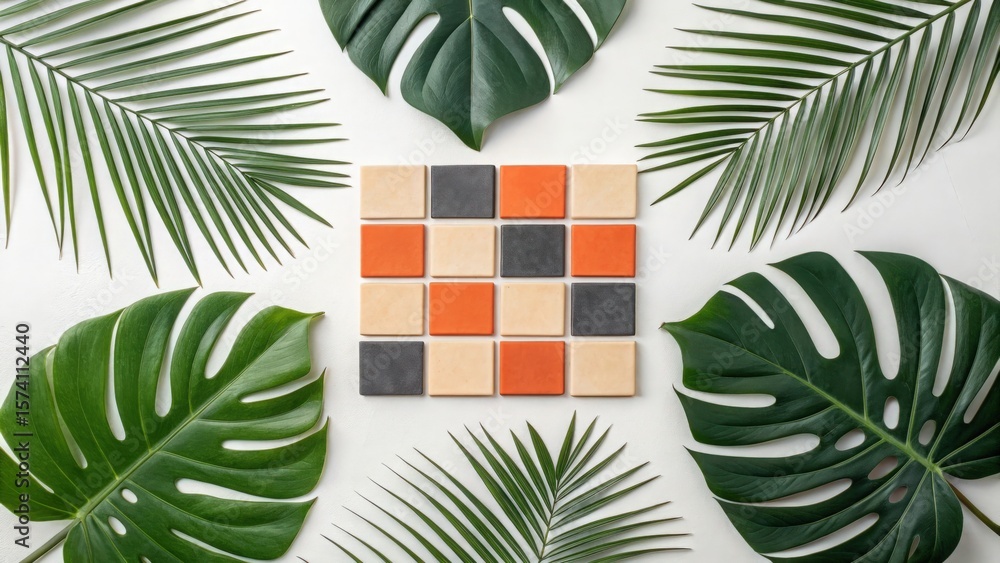 Poster a top view of square tiles surrounded by tropical leaves on a white surface in a studio setting
