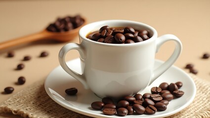 A white cup filled with coffee beans on a saucer with a wooden spoon and burlap mat on a beige surface
