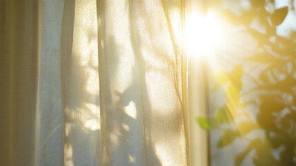 Close-up of sunlight filtered through sheer curtains with abstract patterns, lens flare and soft focus