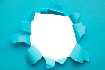 Torn ripped blue paper hole isolated on white background