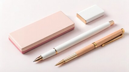 A stationery set featuring two pens and two erasers on a light pink background in a studio setting