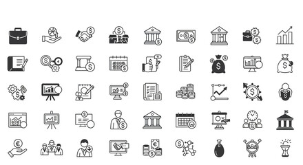 A collection of various financial and business-related icons, in a linear style