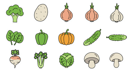 A collection of hand drawn vegetable icons, showcasing various common produce items
