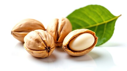 Delicious Nuts in Shell with Green Leaf on White Background