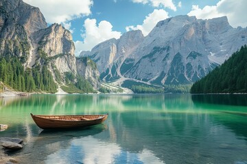 Obraz premium Tranquil mountain lake with yellow boat and snow-capped peaks, concept of adventure, serenity, escape, natural beauty and peaceful solitude