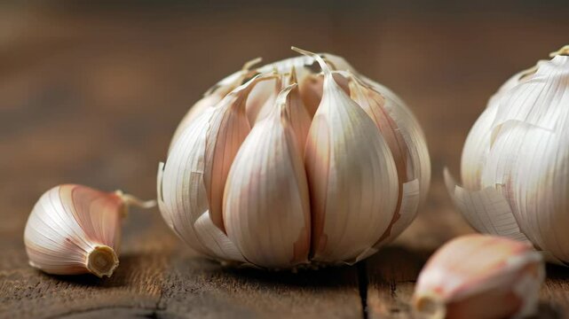 Close-up of two garlic bulbs on a wooden surface, food photography