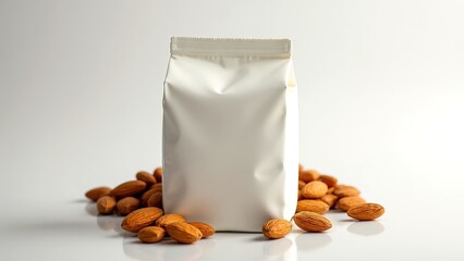 White Packaging Bag Surrounded by Almonds on Light Background