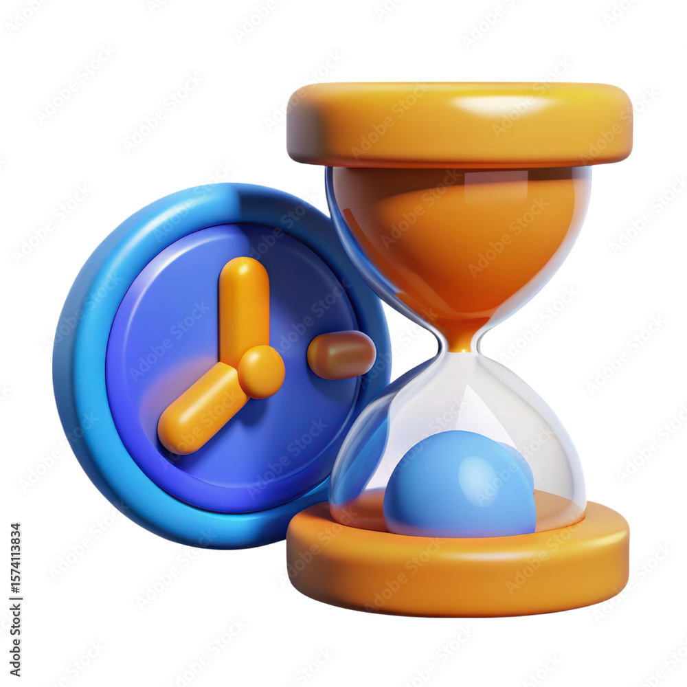 Poster high quality 3d rendering icon depicting a stylized clock and hourglass on a background representing