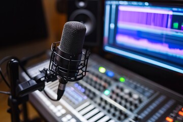 Professional recording studio microphone with audio mixing console and screen, concept of music production, podcasting, broadcasting, creativity and sound engineering