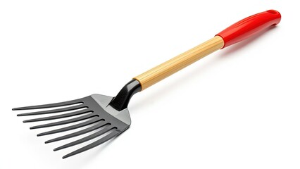 Garden Hand Tool with Red Handle and Metal Tines for Soil Work