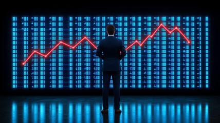 Businessperson suit stock market digital screen red graph finance analysis standing