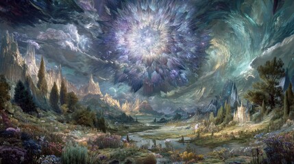 A mesmerizing landscape unfolds under a captivating cosmic sky. Vivid colors blend in this dreamy scene. Explore fantasy and imagination through this stunning visual. AI