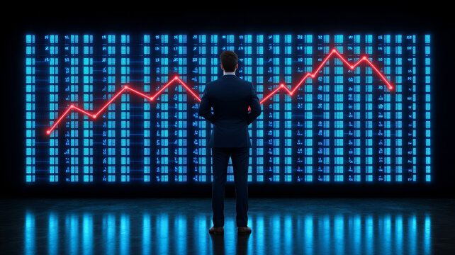 Businessperson suit stock market digital screen red graph finance analysis standing