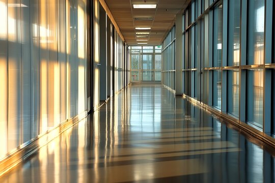 Empty modern corridor with glass walls and warm sunlight, concept of calm, transition, future, opportunity, solitude and architectural design