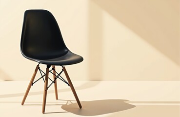 Modern black chair with wooden legs on a neutral background