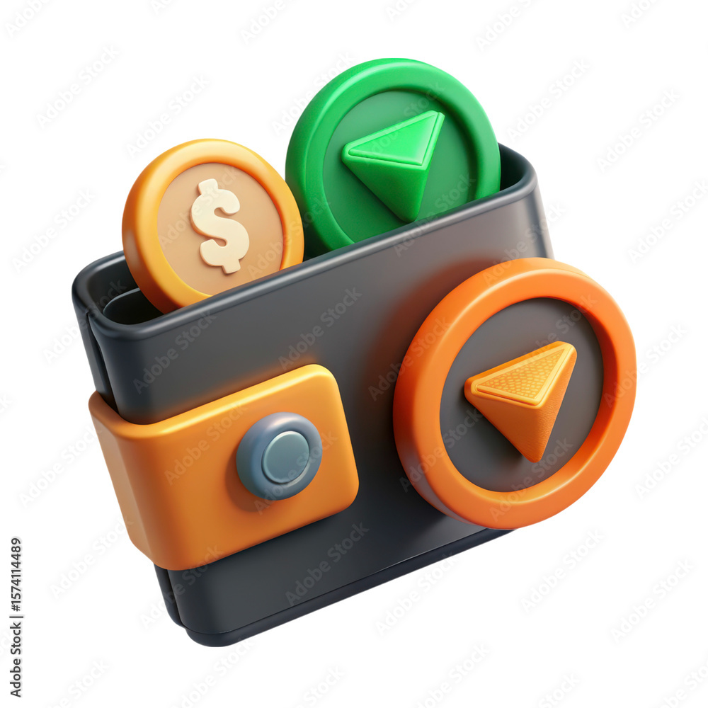 Poster high quality 3d rendering icon gray wallet with dollar coin green up arrow coin and land transportat