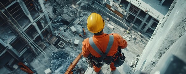 A construction worker in a safety harness observes a building site from above, showcasing an active construction environment.