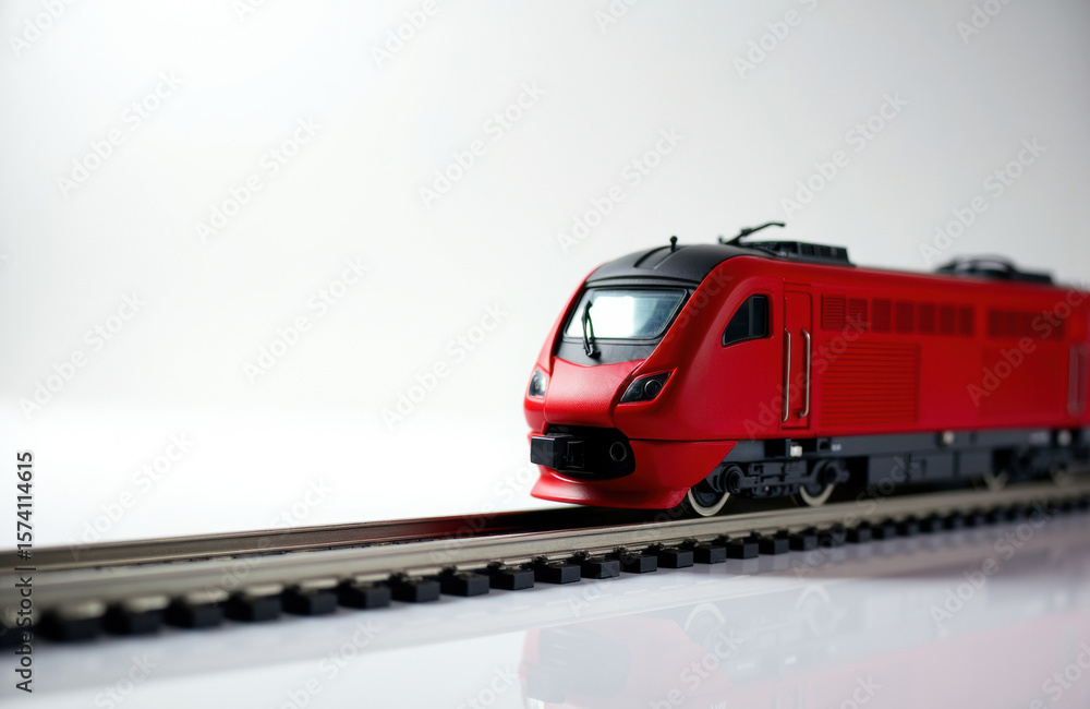 Poster high-speed red train model running on railway track with a plain white background