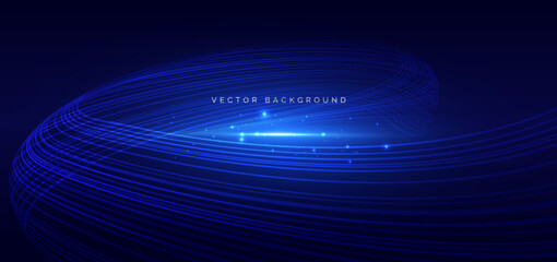 Abstract blue wave lines dynamic with lighting effect sparkle on dark blue background.