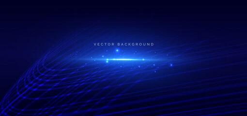 Abstract blue wave lines dynamic with lighting effect sparkle on dark blue background. Futuristic wave lines concept.