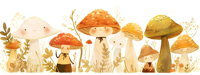 Whimsical illustration of colorful mushrooms with smiling faces surrounded by delicate foliage, creating a playful and enchanting forest scene for children's decor or storytelling