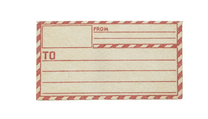 a vintage, rectangular postcard with a beige background and red diagonal stripes along the edges