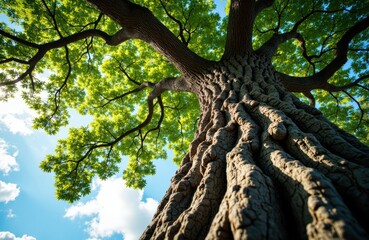 Majestic tree with lush green leaves viewed from below against a bright sky