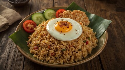 Traditional fried rice stir-fried with sweet soy sauce, garlic, and chili, served with a fried egg, vegetables, and prawn crackers for a savory and satisfying meal
